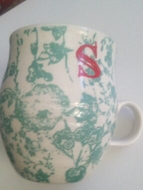 Antheopologie Letter M Floral Green And White Monogram Mug with Red Letter "S"